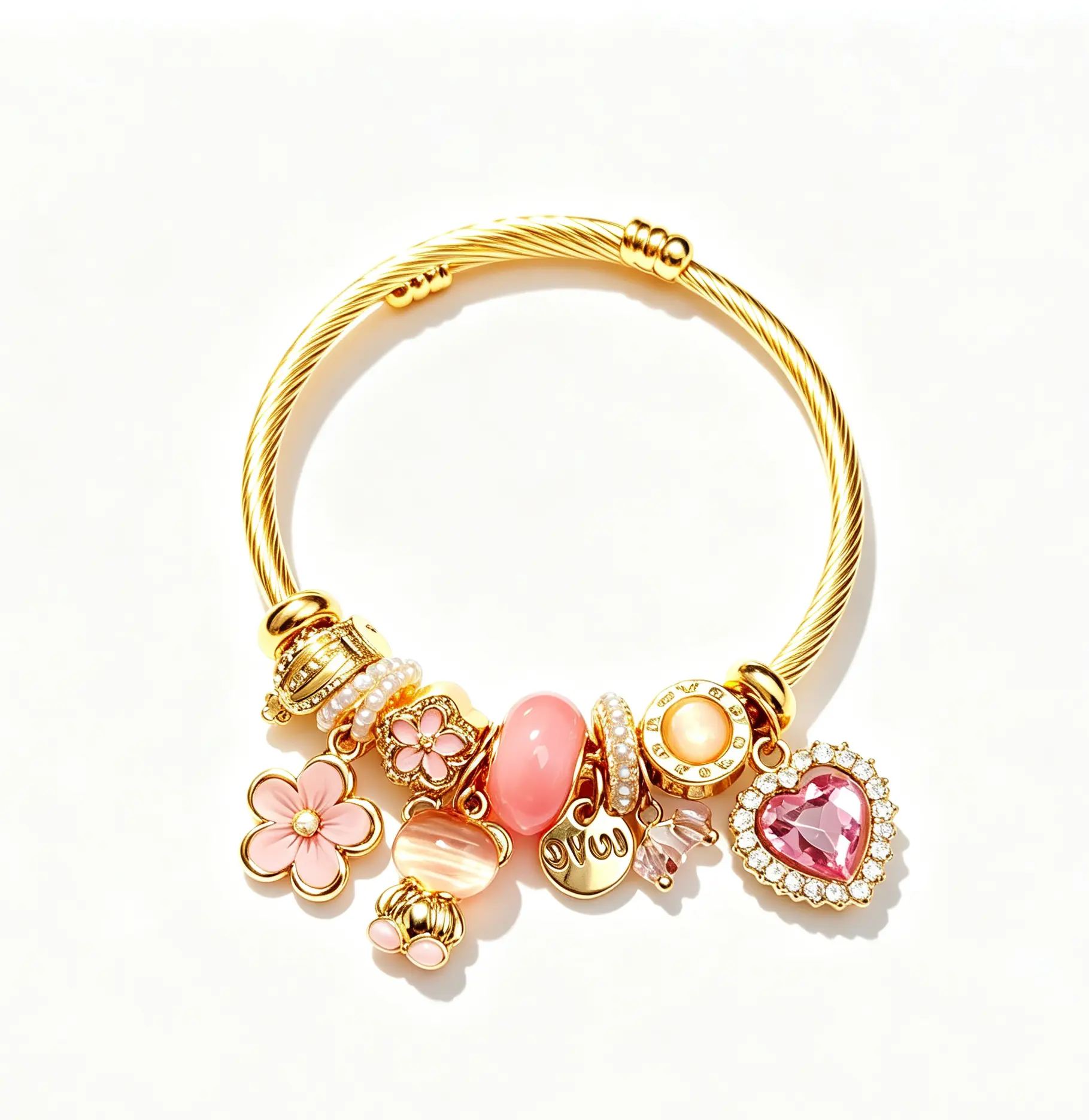 Adjustable Open Cuff Charm Bracelet for Women, 2 Styles Pink & Sky Blue Enamel Bead Bangle with Rhinestone Heart Charms, Gold Twisted Wire Flexible Bracelets Jewelry Gift for Daily Wear