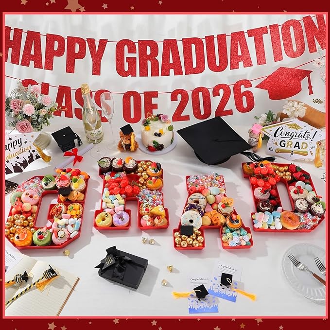 2026 Graduation Number Fillable Charcuterie Boxes - 4 Pcs 13.7" Disposable Mache Paper Trays Containers for Chocolate Candy Cookie Treats Grad Favors, Party Table Decor Centerpiece Ideas, Celebration Grad Gifts for Daughter Son Grad Party Supplies
