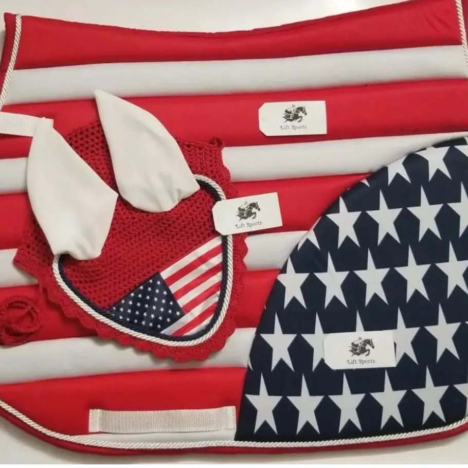 USA American Flag Horse English Saddle Pad with Matching Fly Bonnet and Ear Net Veil