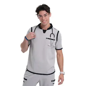 Men's Grey / Black C-Collar Scrub Top