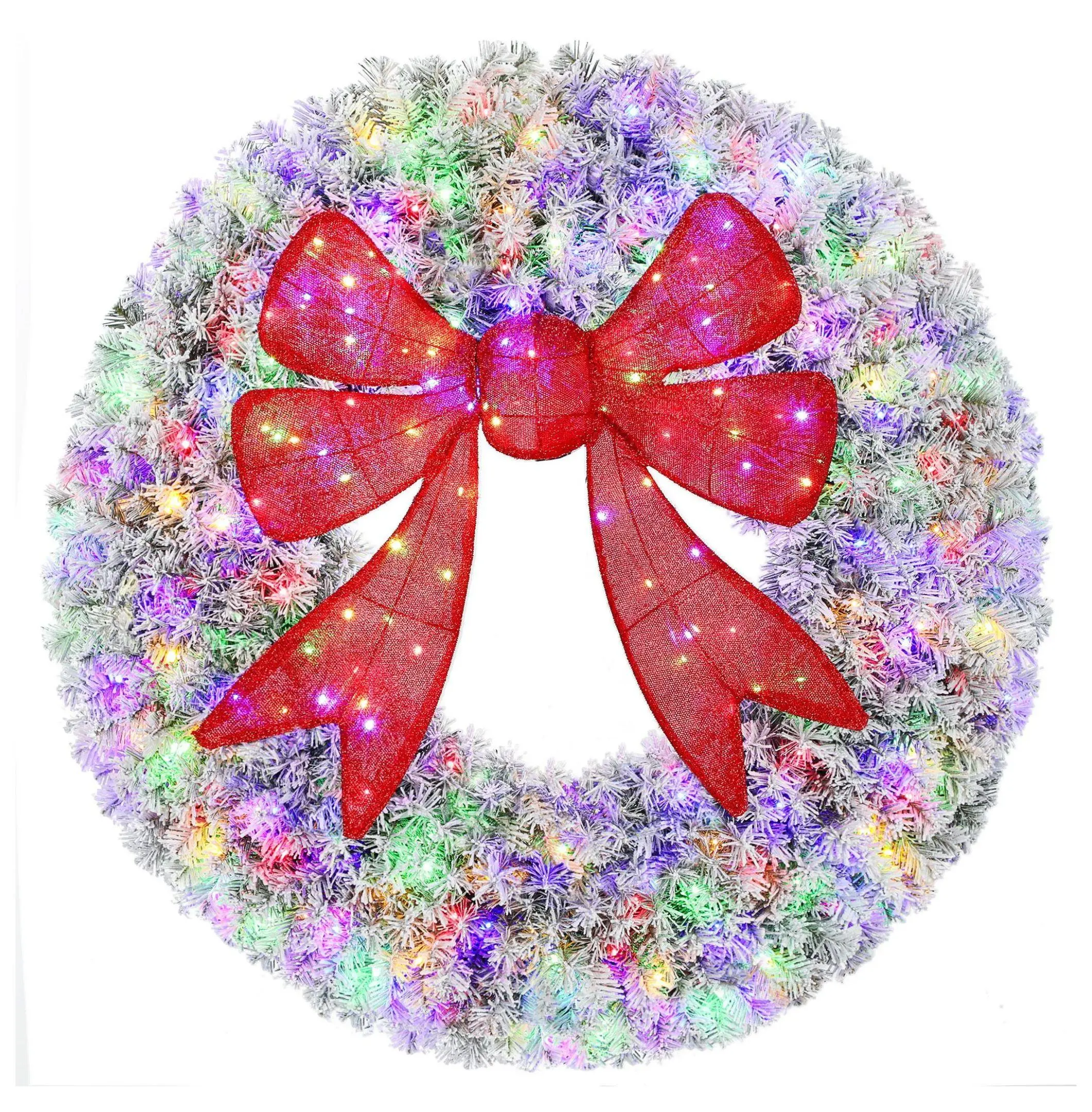 48-Inch Flocked Pre-Lit Metal Wreath with Bow - 11 Modes, Waterproof Front Door Holiday Decoration, Festive Home Supplies Gift