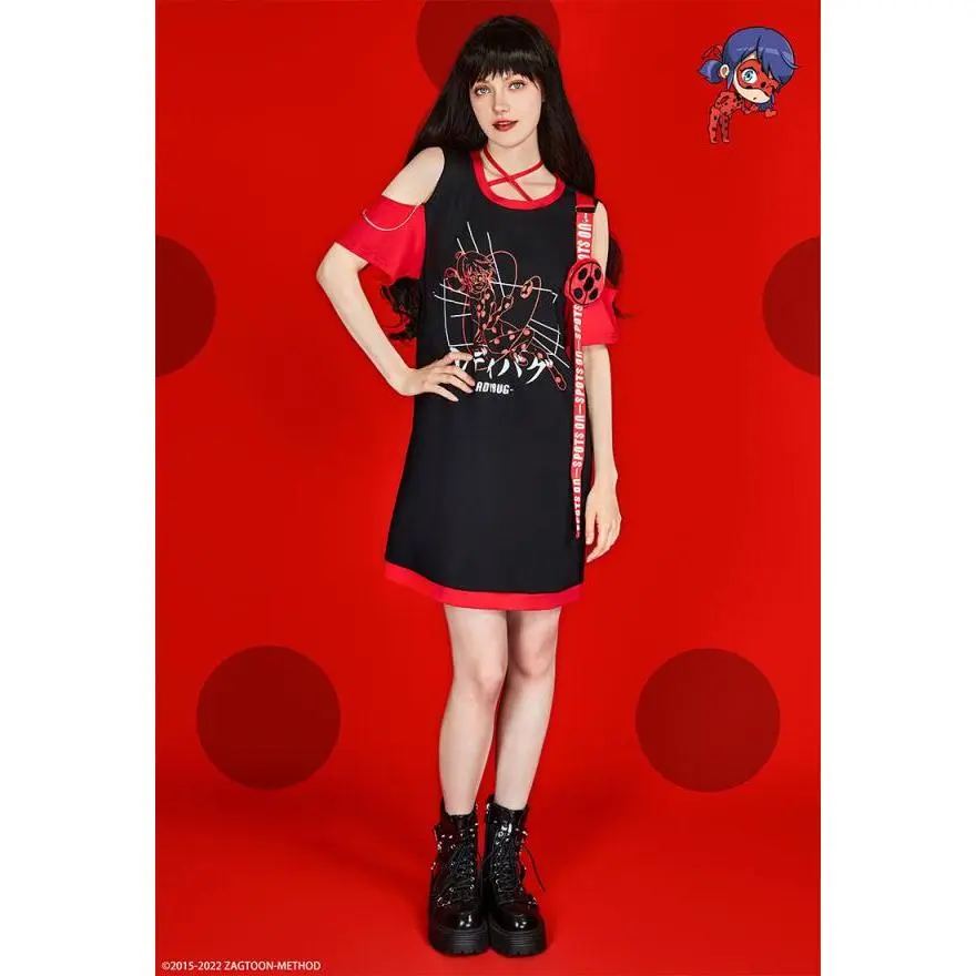 Miraculous Ladybug Micotaku Marinette Printed Off-Shoulder Summer Dress Daily Wear