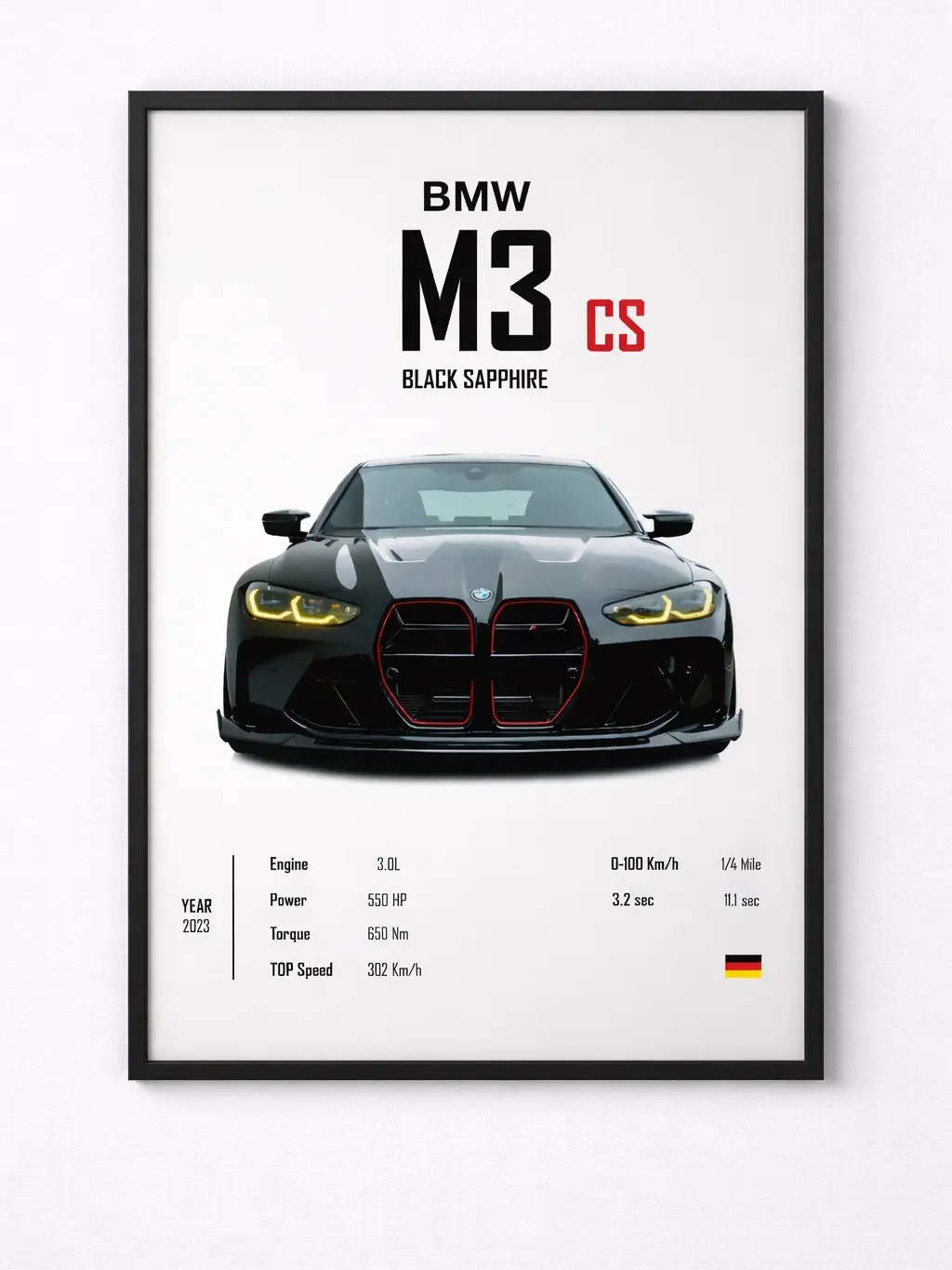 BMW M3 CS Dynamic Luxury Sports Car Photo Poster - Black-Framed Vivid Print, 12x18in Vehicles Themed Home Decor for Garage, Bedroom Supplies