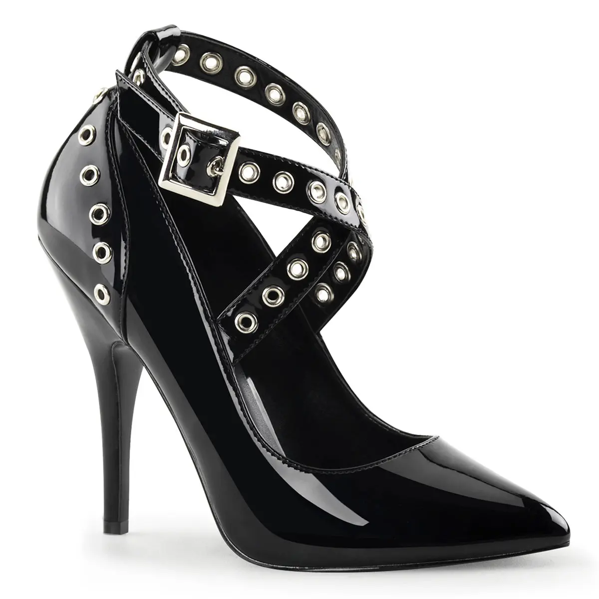 Crisscross Patent Pumps for Women, Stylish Pointed-Toe Heeled Footwear with an Elegant 5" Stiletto & Eyelet Detailing, High Heels