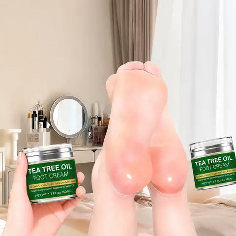 50ml Tea Tree Oil & Aloe Vera Foot Moisturizer Cream Jar - Creamy Texture Formula, Daily Hydration, Dry Rough Heels Relief, Cracked Feet Care, Pump Lock Design, Labor Day Travel Essential for Adults, Single Item