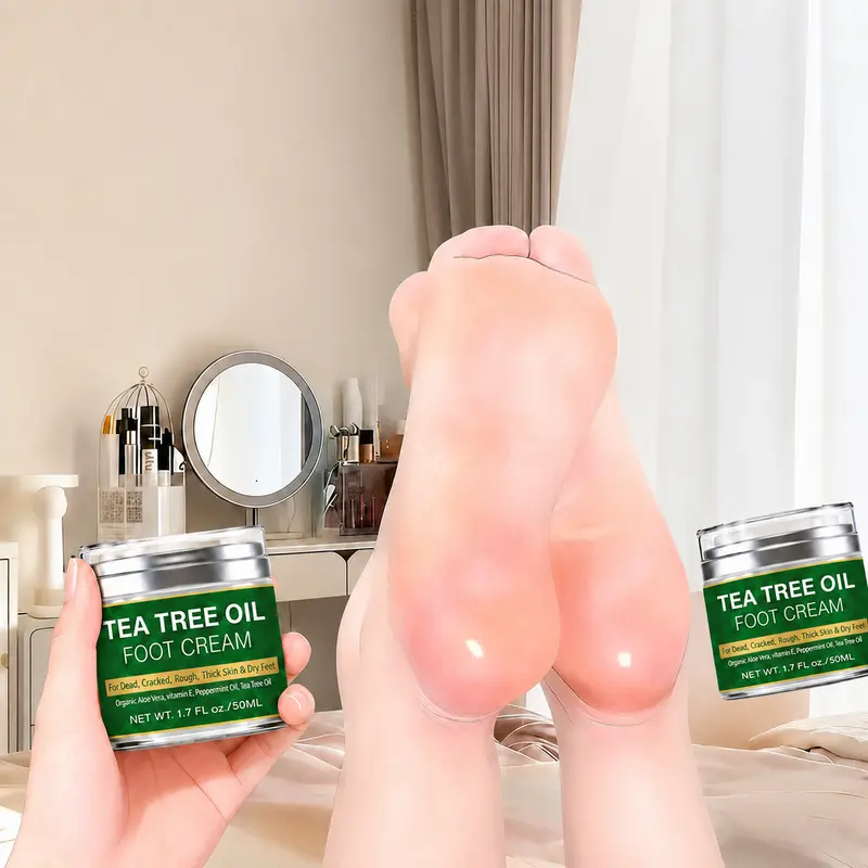 50ml Tea Tree Oil & Aloe Vera Foot Moisturizer Cream Jar - Creamy Texture Formula, Daily Hydration, Dry Rough Heels Relief, Cracked Feet Care, Pump Lock Design, Labor Day Travel Essential for Adults, Single Item