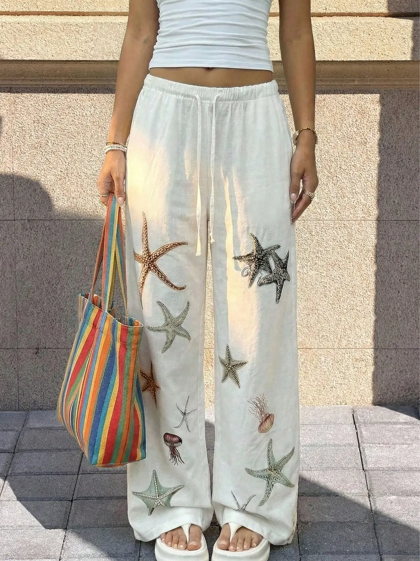Women's Wide-Leg Pants, Printed With Ocean Starfish And Jellyfish, Elastic Drawstring Waist, Casual Loose Beach Trousers, Ideal For Daily And Vacation Outfits, Casual Chic Trousers