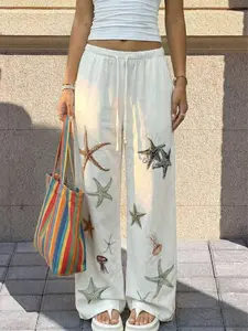 Women's Linen Wide Leg Pants, Ocean Starfish And Jellyfish Print, Elastic Drawstring Waist Design, Casual Loose Beach Trousers, Suitable For Daily And Vacation Wear