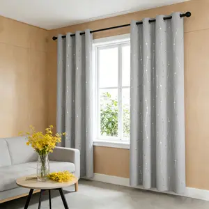 2 Pack Cosmic Planet Blackout Curtains, trendy starry pattern with delicate silver foil finish, durable grommet top design for stable installation, great light blocking and privacy protection for modern home decoration.