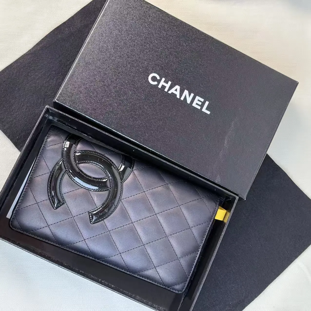 Pre-owned CHANEL Cambon Black Quilted Lambskin Long Bifold Wallet Luxury Clutch & Wristlet Accessory