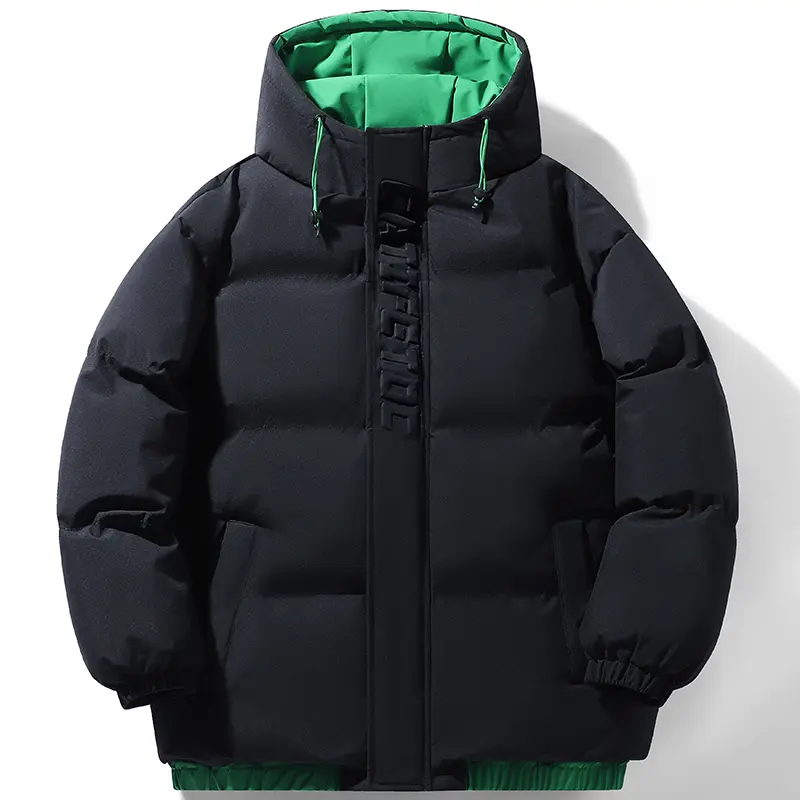 Men’s Color-Block Hooded Bread-Style Winter Cotton Coat, Thick and Warm Menswear, with 3D Lettering, Trendy Couples’ Design, Coats Jackets Tops