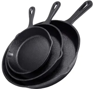 3-Piece Cast Iron Skillet Set  - Professional-grade, commercial-quality, pre-seasoned, durable skillets -10", 8", 6" skillets - Ideal For Frying, Saute, Cooking, Use Indoor/Outdoor, Oven, Grill