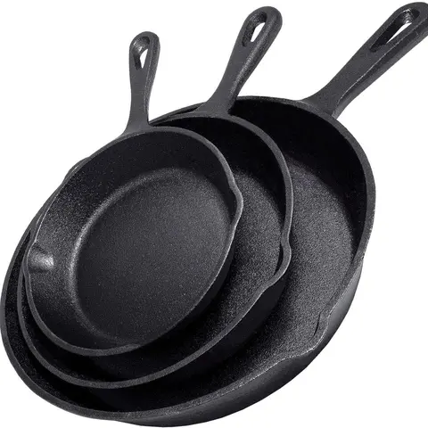 3-Piece Cast Iron Skillet Set  - Professional-grade, commercial-quality, pre-seasoned, durable skillets -10", 8", 6" skillets - Ideal For Frying, Saute, Cooking, Use Indoor/Outdoor, Oven, Grill