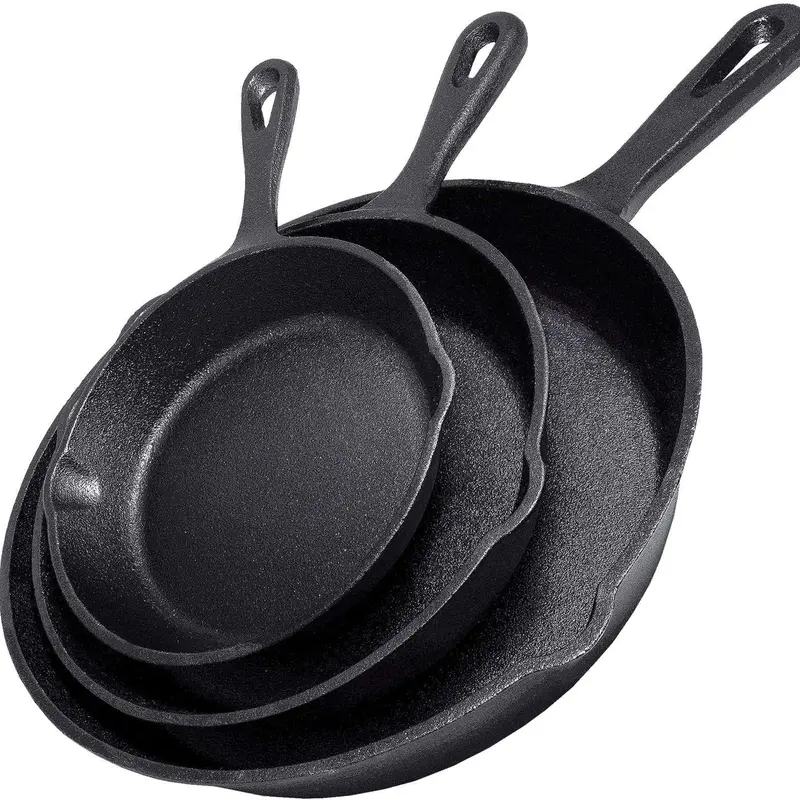 3-Piece Cast Iron Skillet Set - Professional-grade, commercial-quality, pre-seasoned, durable skillets -10", 8", 6" skillets - Ideal For Frying, Saute, Cooking, Use Indoor/Outdoor, Oven, Grill