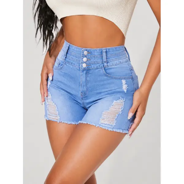 Women's 3-Button High-Waist Chic Distressed Ripped Stretch Raw Frayed Hem Light Wash Curvy Y2K Summer Hot Pants Jeans, Womenswear Bottoms with Quality Fabric
