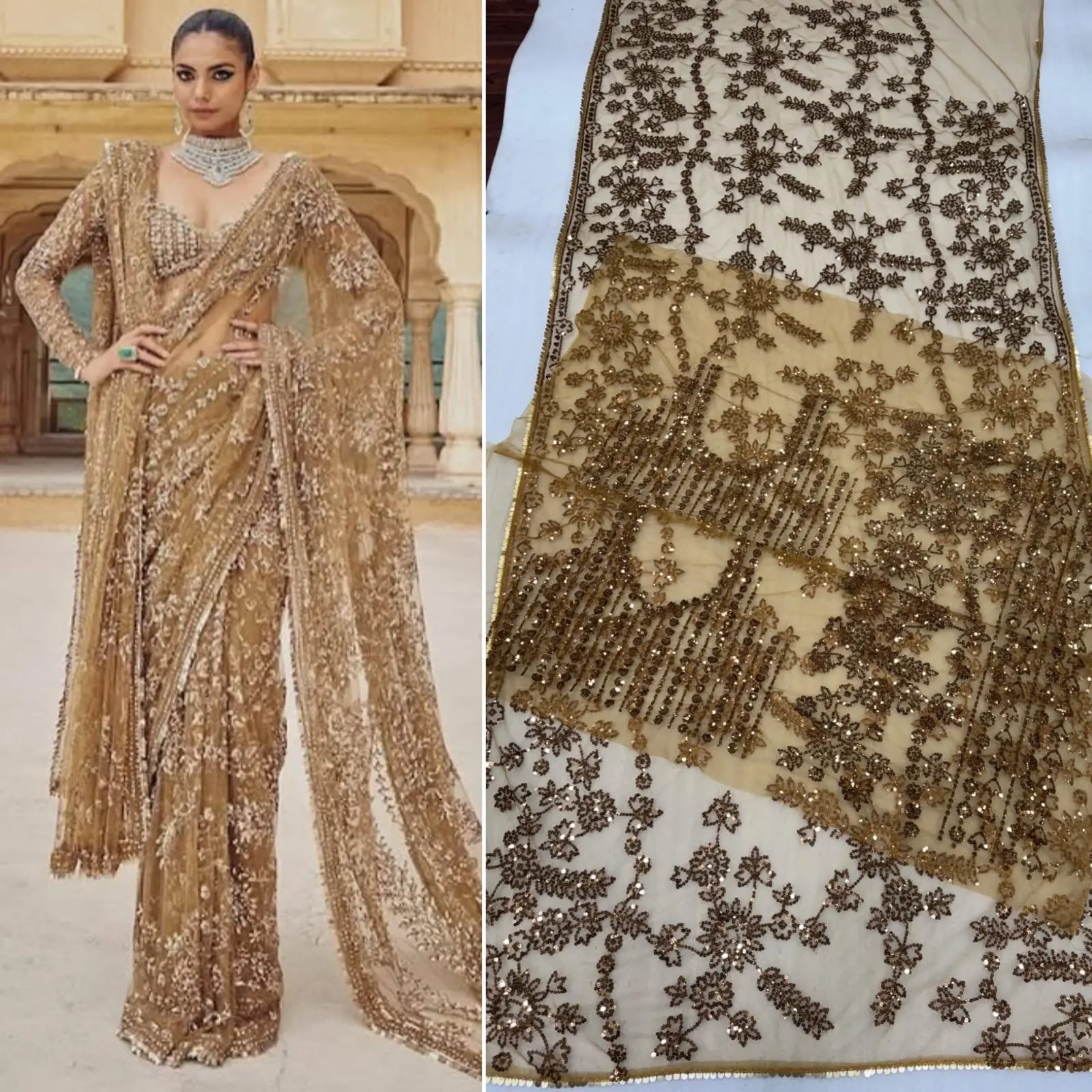 Women's Heavy Embroidered Lightweight Net Saree - Bridal Bollywood Cocktail Party Wear with Floral Sequins, Unstitched Blouse, Costumes & Accessories, Matching, Tassel, Elegance, Embroidery, Women's Clothes, Champagne Gold, 5.5 Meters