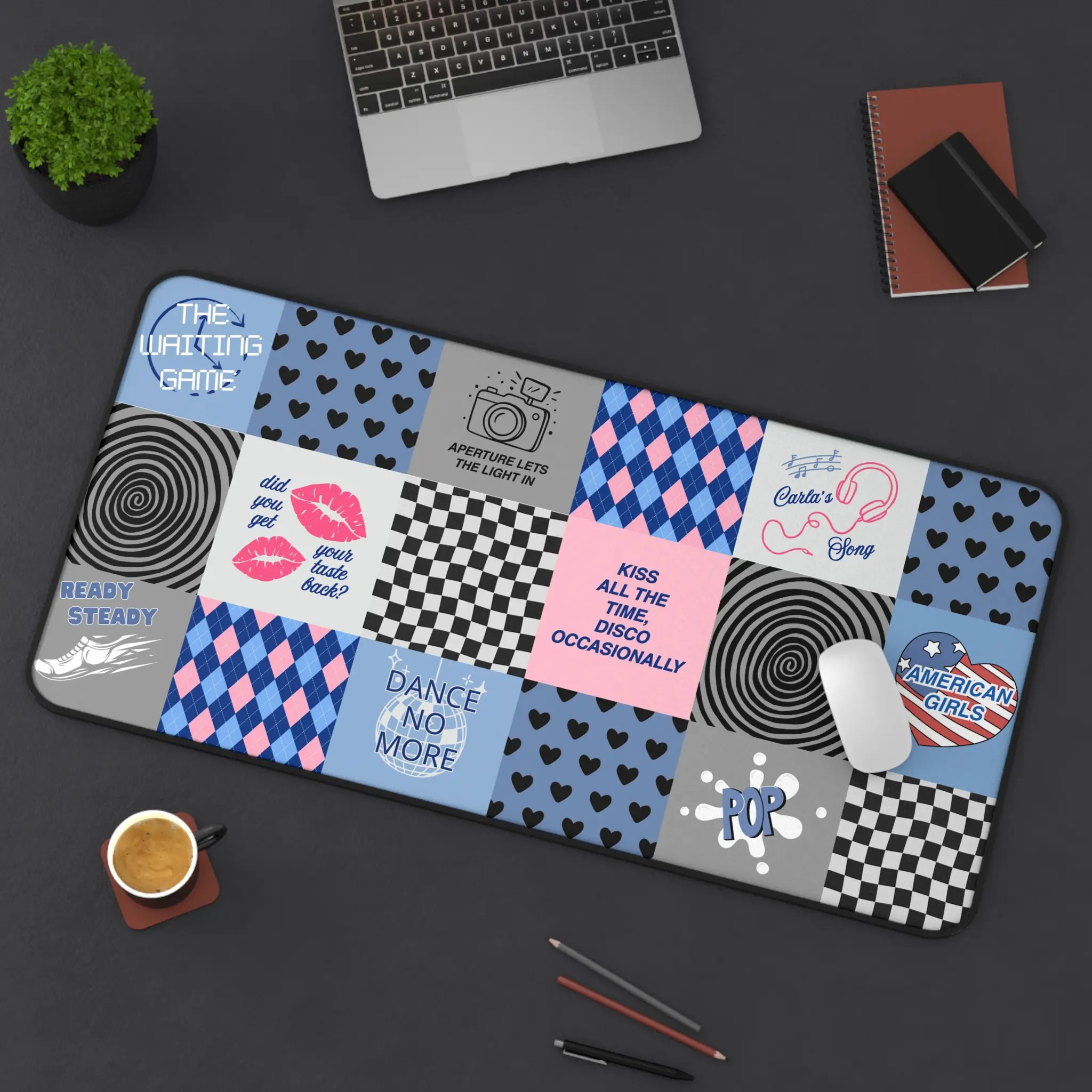 KATTDO Retro Patchwork Desk Mat - Modern Retro Vibes, Checkerboard Hearts, Argyle, Disco Quotes, Multi-Size, Desk Surface Protector
