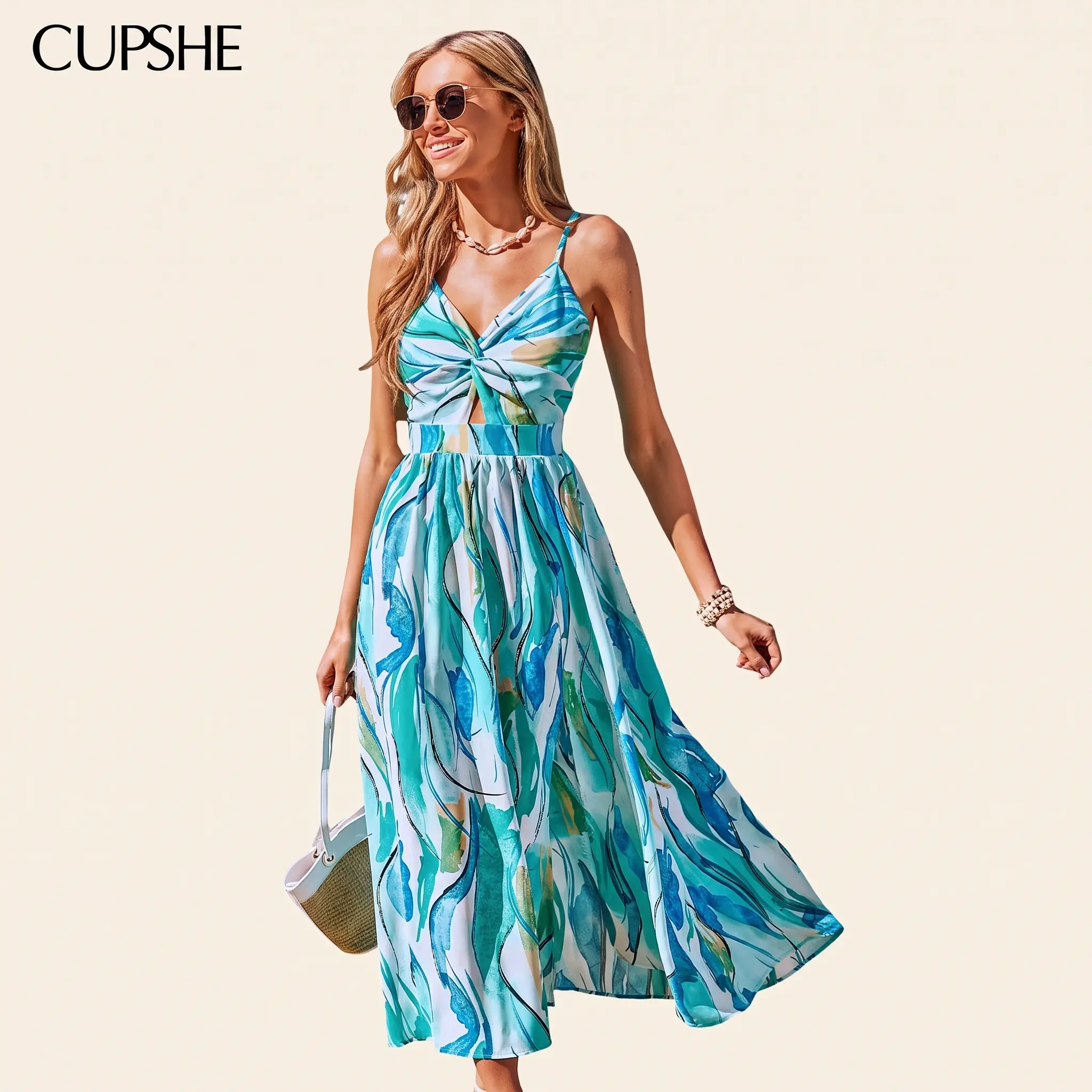 CUPSHE Women's Bohemian Abstract Print V-Neck Sleeveless Woven Maxi Dress, Coastal Mist Casual Dress, Bohemian Style Women's Clothing for Going Out, Summer Vacation Beach Wear