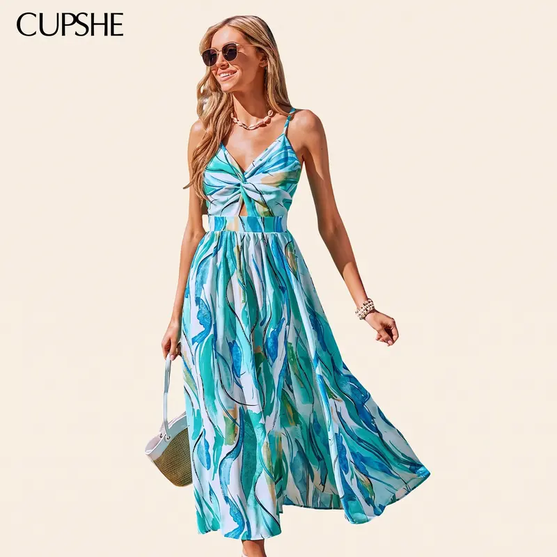 CUPSHE Women's Bohemian Abstract Print V-Neck Sleeveless Woven Maxi Dress, Coastal Mist Casual Wear for Summer Vacation Beach Outings, No