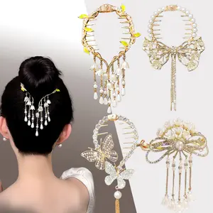 4PCS Jewelry Rhinestone Hair Claw Clips for Women Long Tassel Hair Claw Clips Non Slip Hair Accessories Hair Barrettes Pearl Ponytail Buckle Hairpin Vintage Sparkling Metal Hair Bun Clips