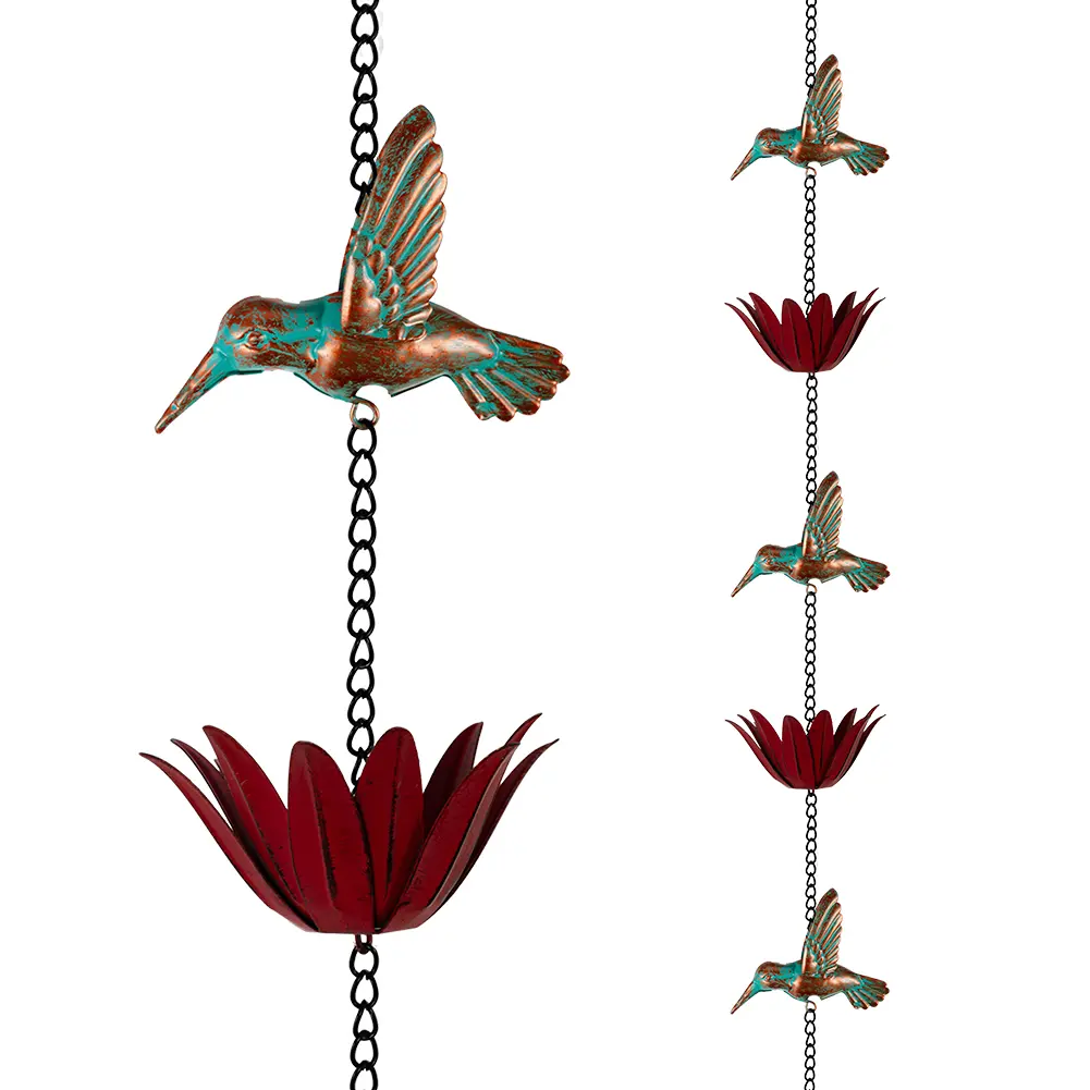 12ft Retro Weatherproof Animal Hummingbird Rain Chain for Gutters, Metal Lotus Rain Catcher, Vintage Copper Downspout Replacement, Outdoor Garden Yard Decor Rainwater Diverter