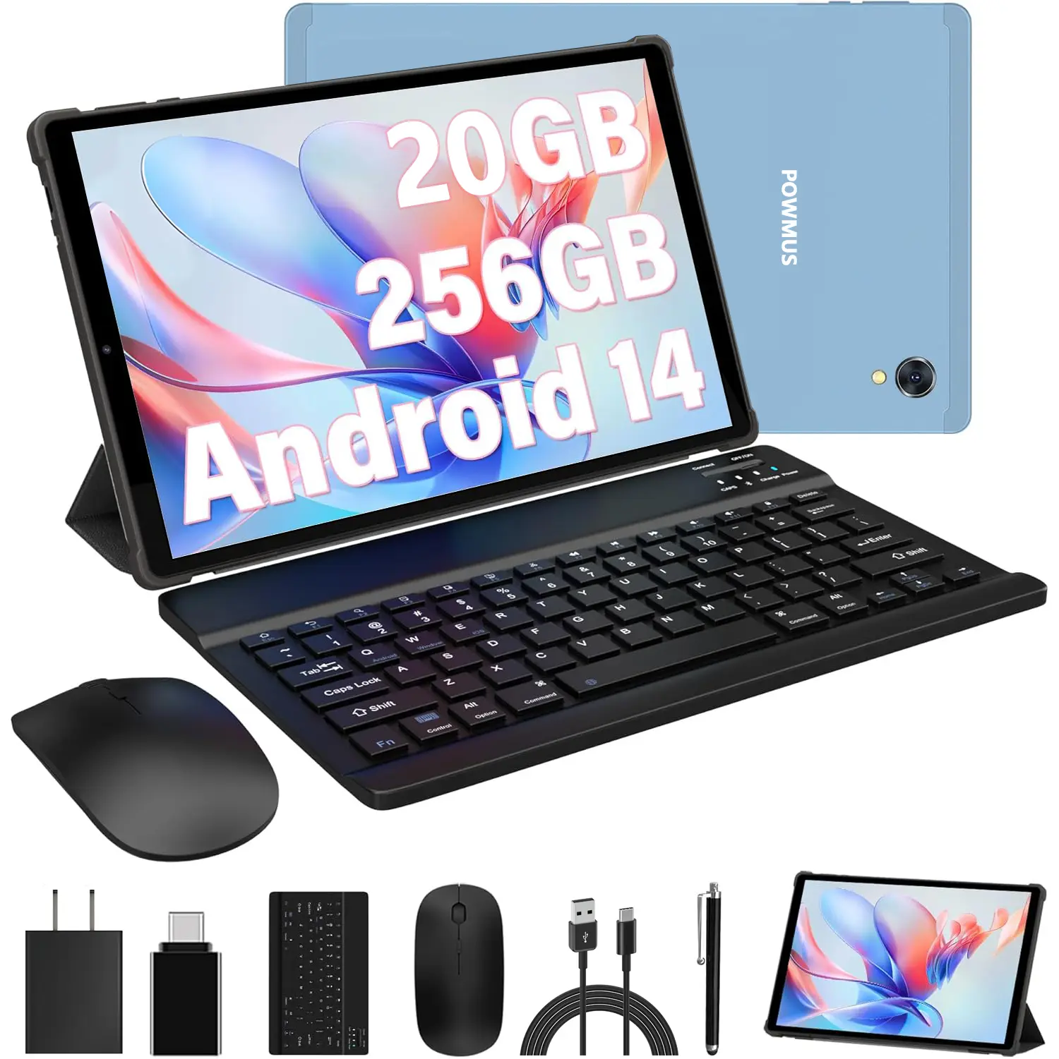 POWMUS 2025 Android 14 Tablet 10.4-inch Model, 256GB, Wi-Fi 6, 8MP Front/12MP Back Camera, 20GB(8GB+12GB) RAM 1TB Expand 2K HD IPS Screen Octa Core Processor Shockproof Case All-Day Battery Life — Blue