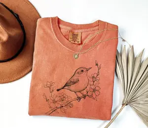 Comfort Colors Botanical Bird Shirt, Hand-Drawn Nature Graphic Tee , Premium Garment-Dyed Soft Cotton T-Shirt , Vintage Bird Watching Gift for Her , Botanical Garden Vibes