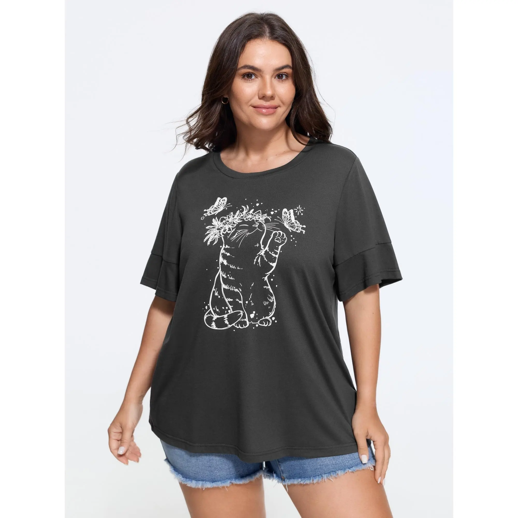 BLOOMCHIC Women's Plus Size Supersoft Stretchy Spandex Fabric Cat-Butterfly Print Crew Neck Short-Sleeve Casual Garment T-Shirt [M-6X] 2026 Summer Finds