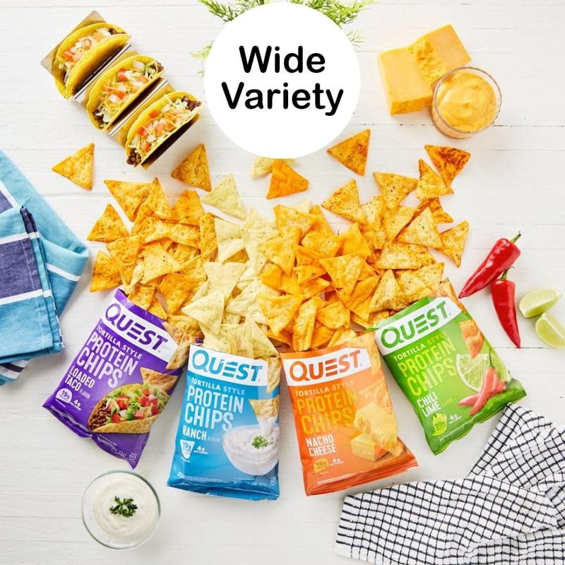 Quest Tortilla Style Protein Chips Variety Pack 6 Pack 1.1 Ounce Each High Protein Low Carb Gluten Free Assorted Flavors Hot Spicy Chili Lime Spicy Sweet Ranch Nacho Cheese & Loaded Taco Crunchy Crispy Healthy Snack - Chicharon