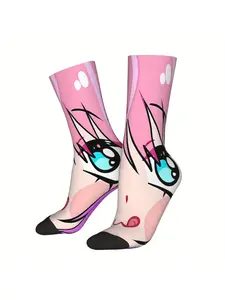 BIIHUDU Anime-Style Printed Knee-High Socks for Men - Pink with Striking Blue Eyes & Purple Accents, Polyester, Hand Wash or Casual Soft Socks