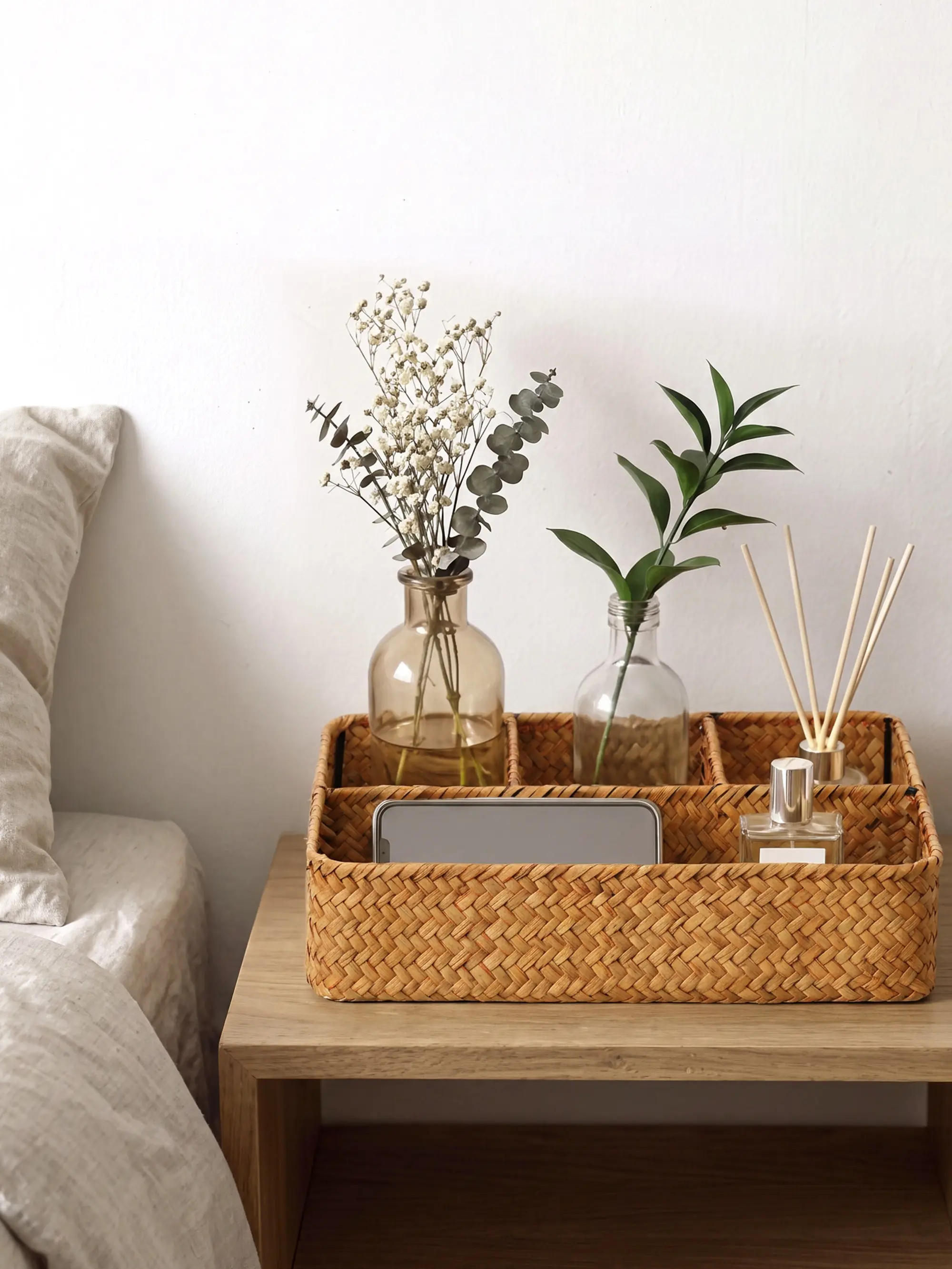 Handwoven Seagrass Storage Basket with Dividers, Japanese Style Countertop Organizer for Coffee Bar, Bathroom & Dresser, Handmade Storage Bin for Pens, Makeup, Jewelry, Remote Controls and Other Essentials to Organize Clutter and Keep Corners Neat