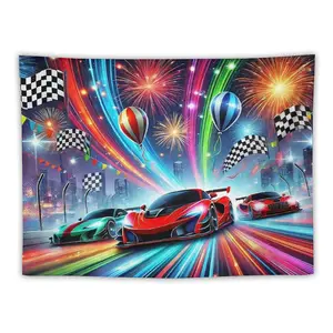 Speedy Racing Scene Tapestries Three Cool Cars Leading Fireworks Flags Balloons Urban Background Fuels Speed Passion