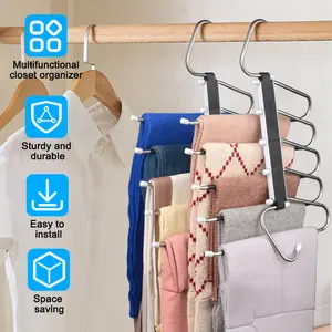 Folding trouser hanger, space-saving, 5-layer design, non-slip hanger, suitable for wardrobe organization and home storage.