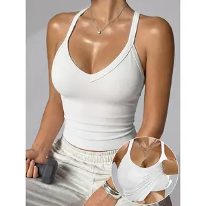 SERACAL 1-Piece Women's V-Neck Ribbed Tank Top with Built-In Padded Bra, Solid Color Sleeveless Top for Fitness, Layering & Casual Wear