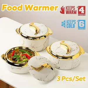 3 pieces/set of modern stainless steel insulated clay pot tableware, with lid, marble pattern, food insulated bowl, buffet bowl, both cold and hot can be kept for several hours.