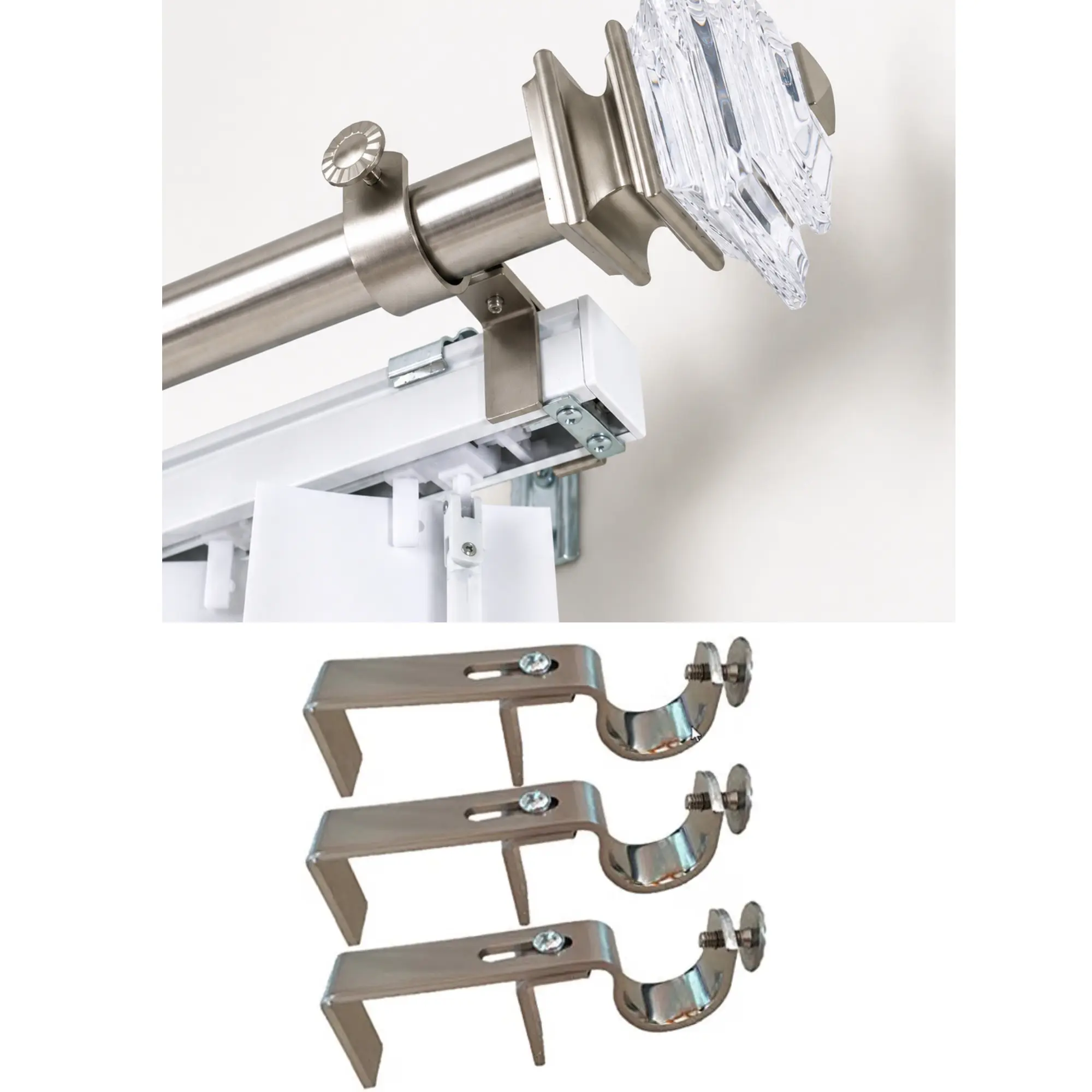 NoNo Bracket - No Drill Curtain Rod Bracket Attachment over Blinds (Satin Nickel, Set of 3) white curtains