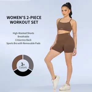 SHAFITS Women's 2-Piece Workout Set Crisscross Back Sports Bra with Removable Pads High-Waisted Shorts Gym Girl Must-Have Activewear Skinny Sportswear Yoga Bottoms Pilates Outfits Seamless Yoga Set Spandex For Gym Sweatsuit Set