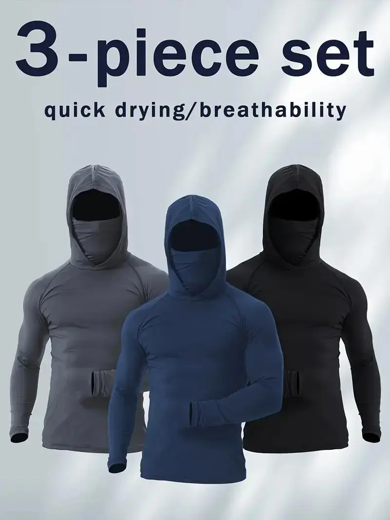 3-piece set men's outdoor work sun protection  with sun-blocking hoodie, featuring built-in face mask and neck guard, breathable long-sleeve hoodie men hoodies clothing