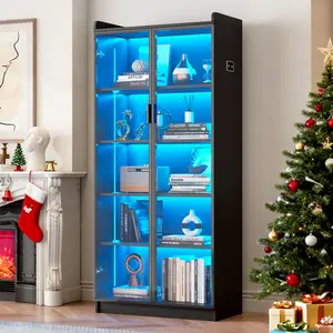 Dystler Display Cabinet with Glass Doors and Shelves, 65" Tall Curio Cabinet with LED Lights/Human Sensor, 5 Tier Display Case for Collectibles Bedroom Living Room Office,