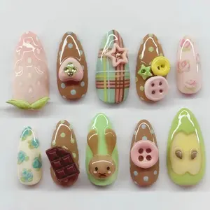 Cute Bunny Chocolate Press On Nails | 3D Buttons, Star, Floral & Polka Dot Pastel Art In Mint Pink Brown | Oval Nails For Spring