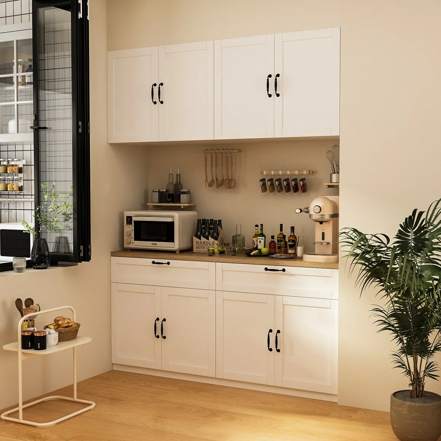 Wall-Mounted Kitchen Pantry with Countertop - Storage Cabinet with Doors & Drawers, Wall Cabinet for Kitchen Organization Cupboard Furniture Organize