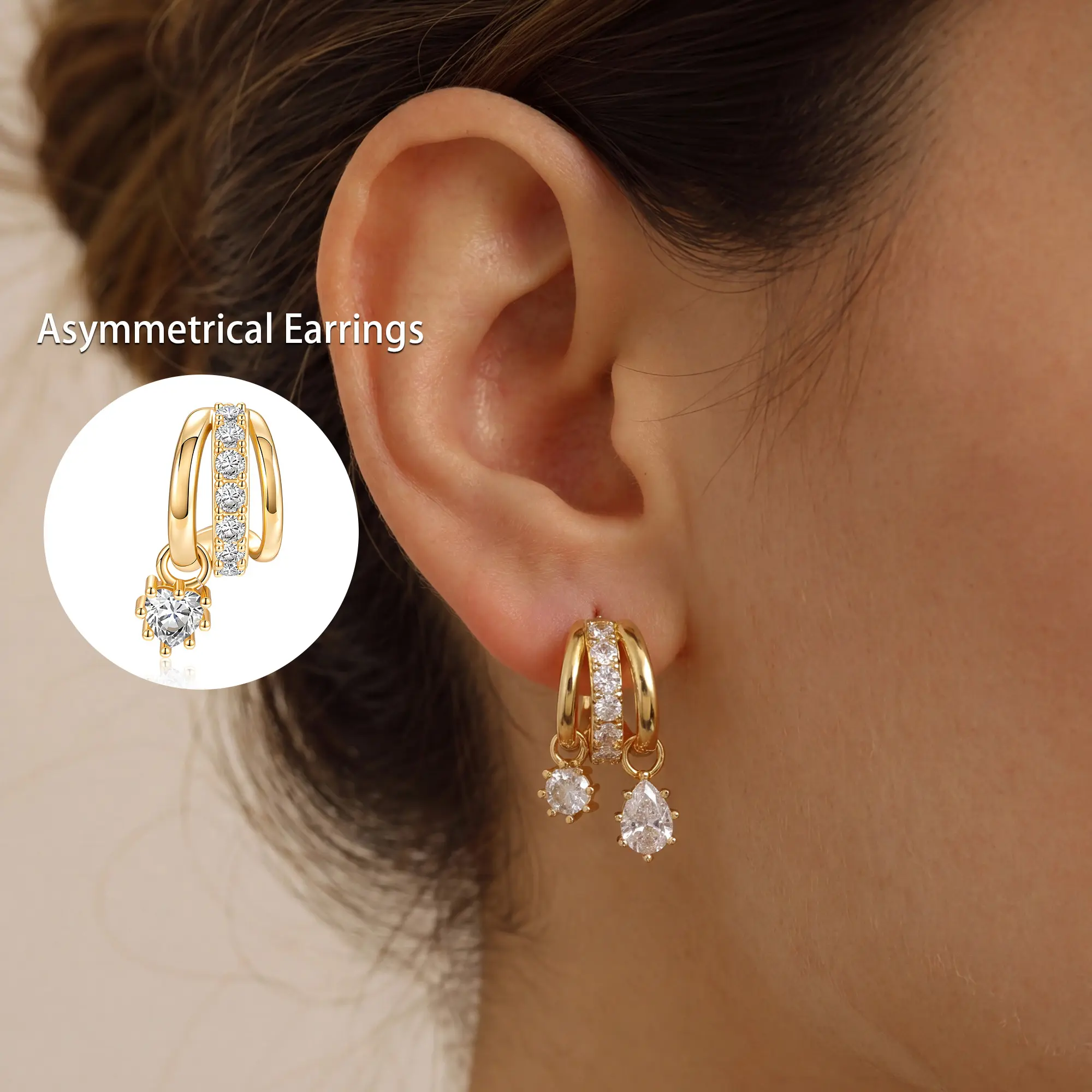 Dearmay Gold Earrings for Women Asymmetrical Earrings 14K Gold Plated Asymmetrical Earrings with Zircon Pendant Three-tier Earrings Jewelry Gifts for Girls