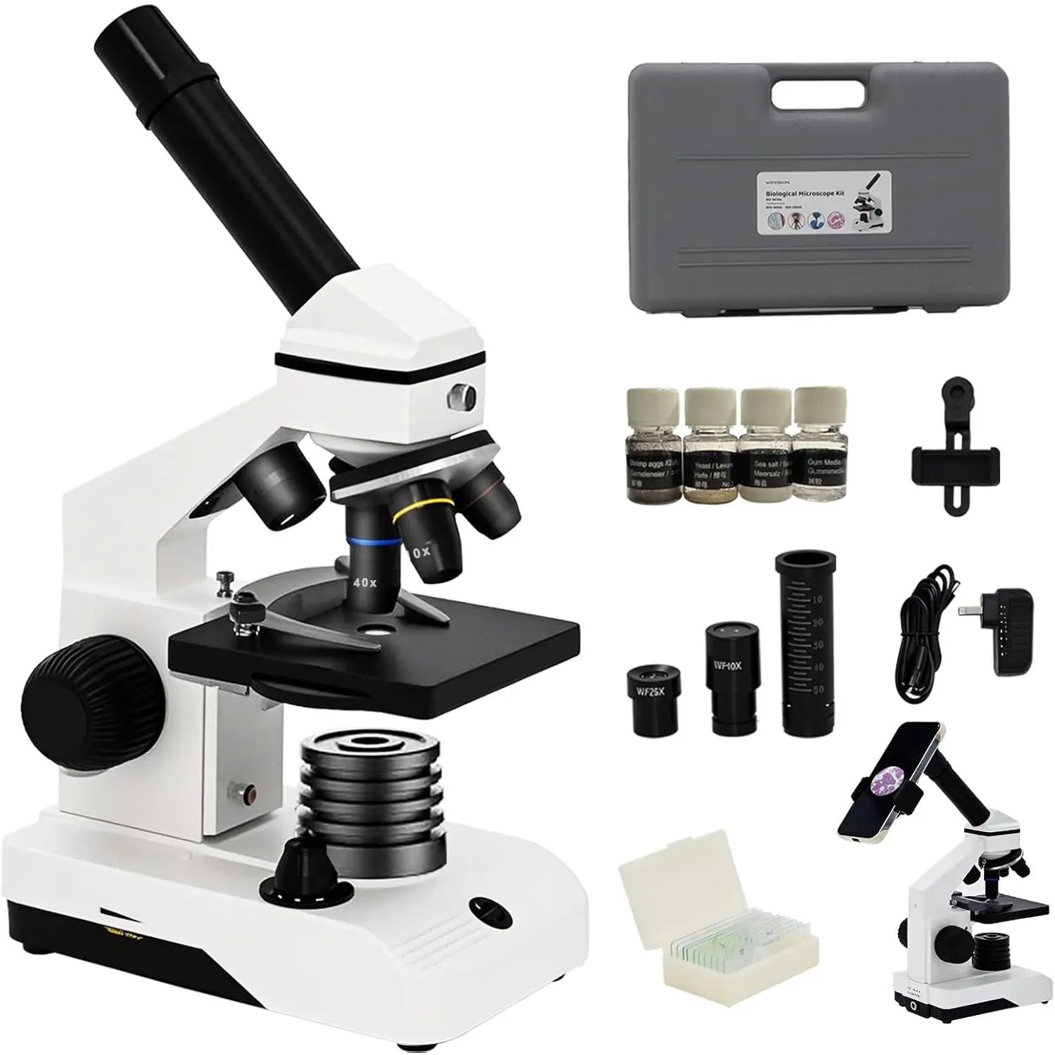 [Dual Power ] Compound Monocular Microscope 40X-2000X for Adults & Students - -Metal STEM Lab Kit w/Glass Optics, Dual LED, Slides & Carry Case