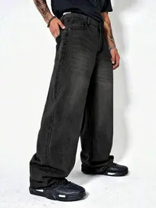 Men's Solid Pocket Straight Leg Jeans, Loose Casual Comfy Denim Pants for Daily Wear, Woven Bottoms for All Seasons, Cotton, Wide Leg Jeans, Streetwear, Menswear