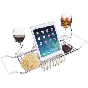 Stainless Steel Extendable Bathtub Caddy Tray - Over Bath Tub Shower Organizer Rack with Removable Wine Glass & Book Holder