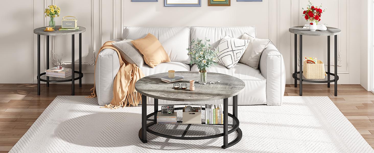 Living Room Coffee and End Table Sets, Wooden Modern Rustic Center Table with Two Side Tables, 3 Piece Living Room Coffee Table Set with Storage for Living Room, Apartment