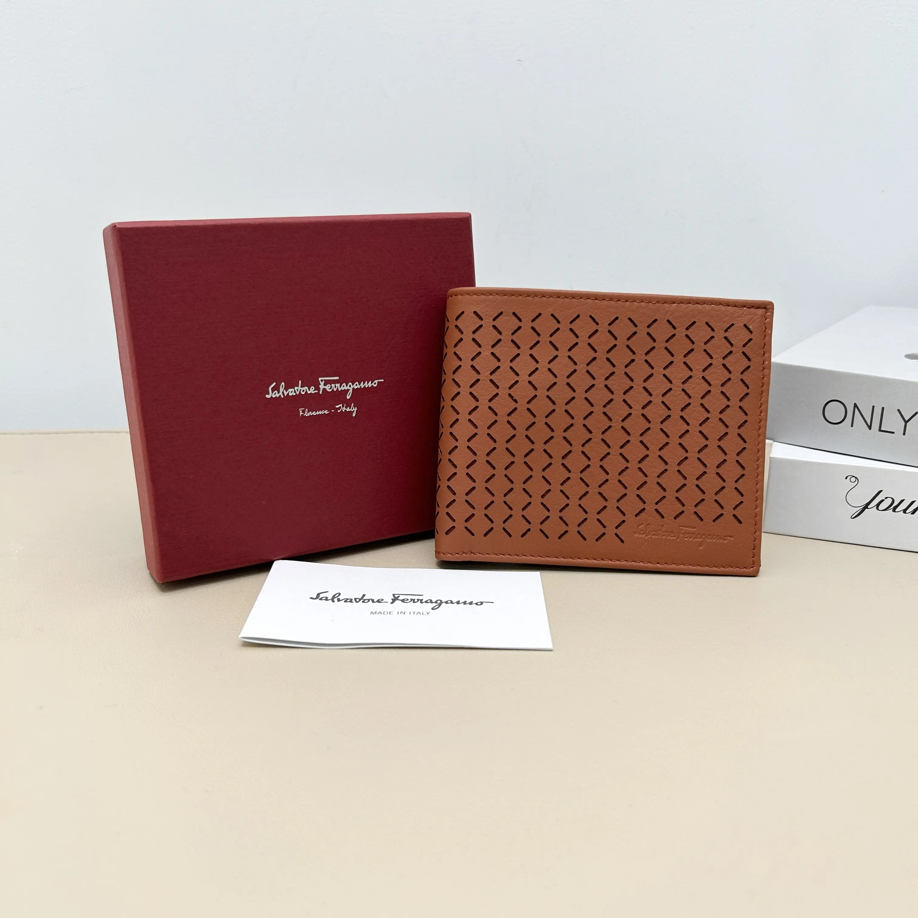 Pre-owned SALVATORE FERRAGAMO Calfskin Small Leather Goods Caramel Perforated Chevron Bi fold Short Wallet B8062804