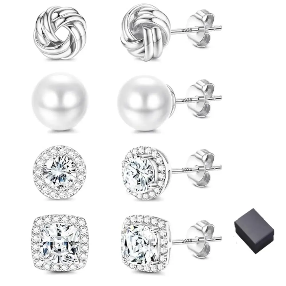 4 Pairs Sterling Silver 5A CZ Stud Earrings for Women 14K Gold Plated Brilliant Celtic Heart Big Stud Earrings Set Cubic Zirconia Earrings Studs for Sensitive Ear