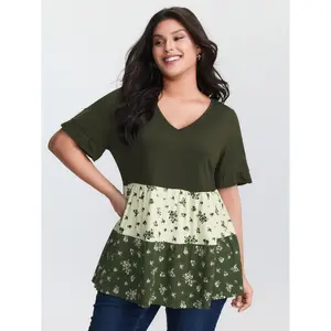 BLOOMCHIC Plus Size Color Contrast Floral Print Tiered Blouse - Shortsleeve Flutter Sleeve Casual Fit Spandex Top 2026 Summer Army-Inspired Mother's Day Pick for Women 2026 Summer Vibes