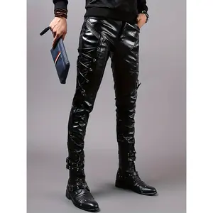 Men'S Street Style Faux Leather Pants, Fall/Winter Skinny Fit, Solid Color, Faux Leather Detail, Lace-Up, Stretch Fabric, 50% Polyurethane 50% Polyester, Punk Motorcycle Style Menswear Trouser